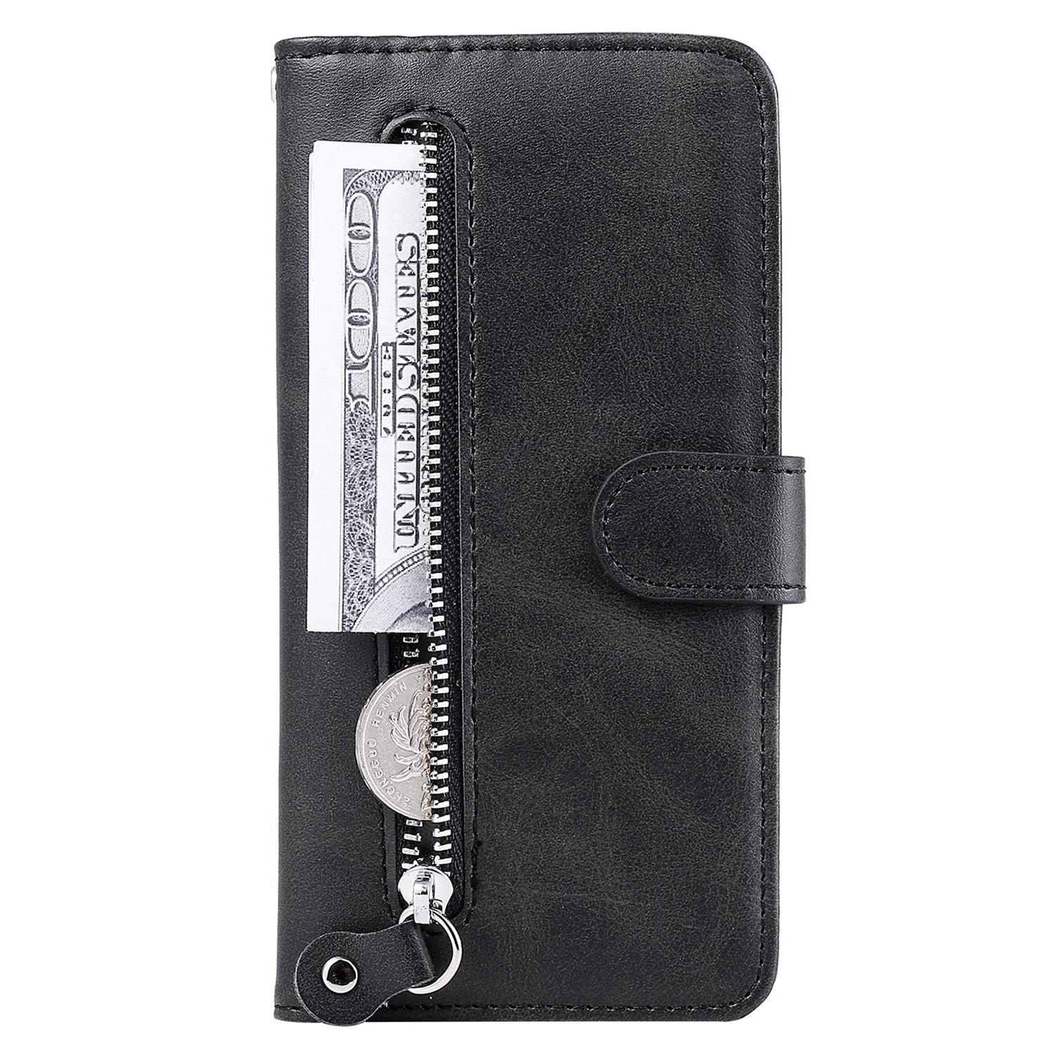 Uniqkart for iPhone 15 Pro Calf Texture Phone Case Zipper Pocket Wallet Foldable Stand Anti-Scratch Cell Phone Cover - Black Uniqkart for iPhone 15 Pro Calf Texture Phone Case Zipper Pocket Wallet Foldable Stand Anti-Scratch Cell Phone Cover - Black
